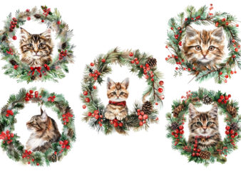 Watercolor Christmas Cat Wreath t shirt design for sale