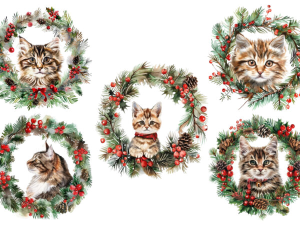 Watercolor christmas cat wreath t shirt design for sale