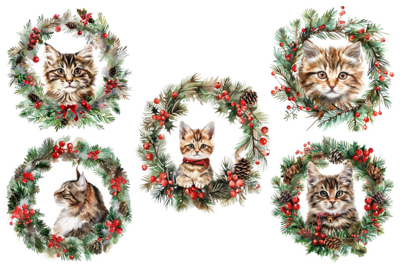 Watercolor Christmas Cat Wreath