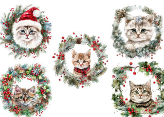 Watercolor Christmas Cat Wreath t shirt design for sale