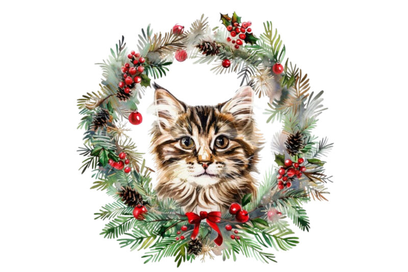 Watercolor Christmas Cat Wreath