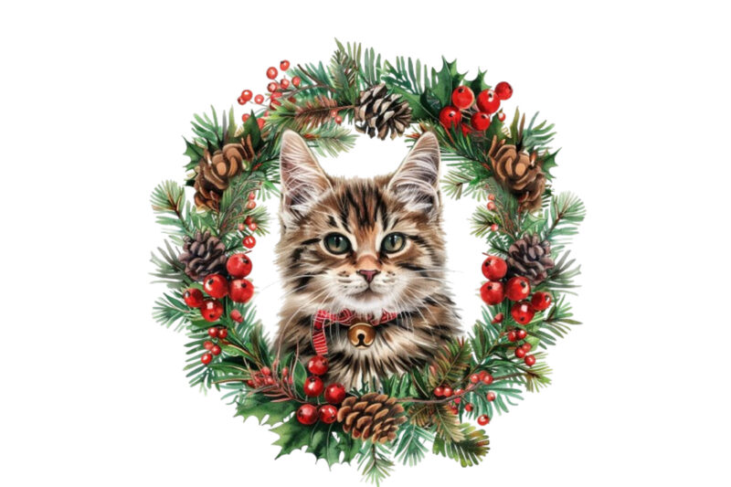 Watercolor Christmas Cat Wreath