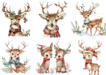 Watercolor Christmas Cute deer