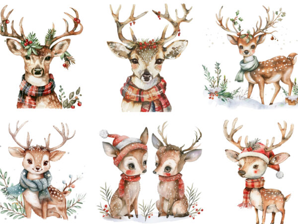 Watercolor christmas cute deer t shirt design for sale