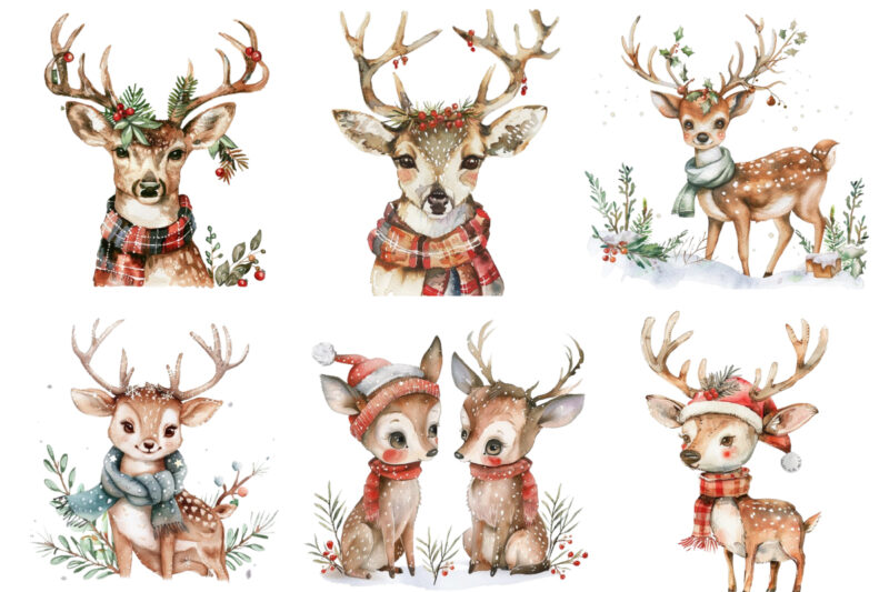 Watercolor Christmas Cute deer