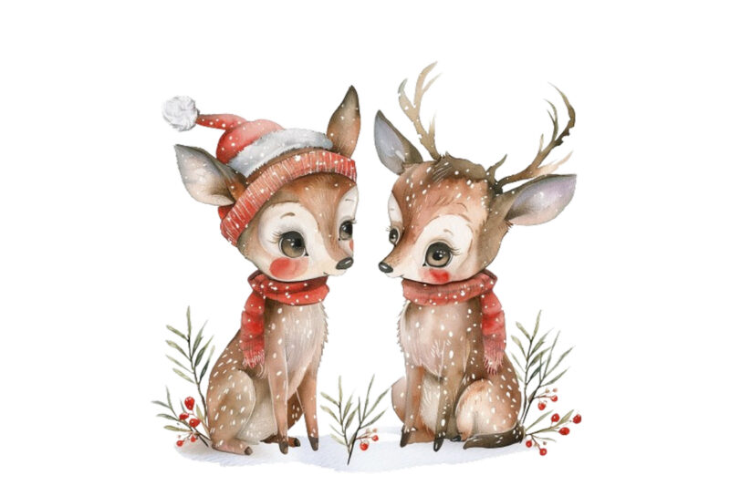 Watercolor Christmas Cute deer