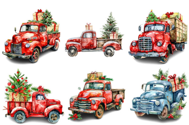 Watercolor Christmas truck with gift box Clipart