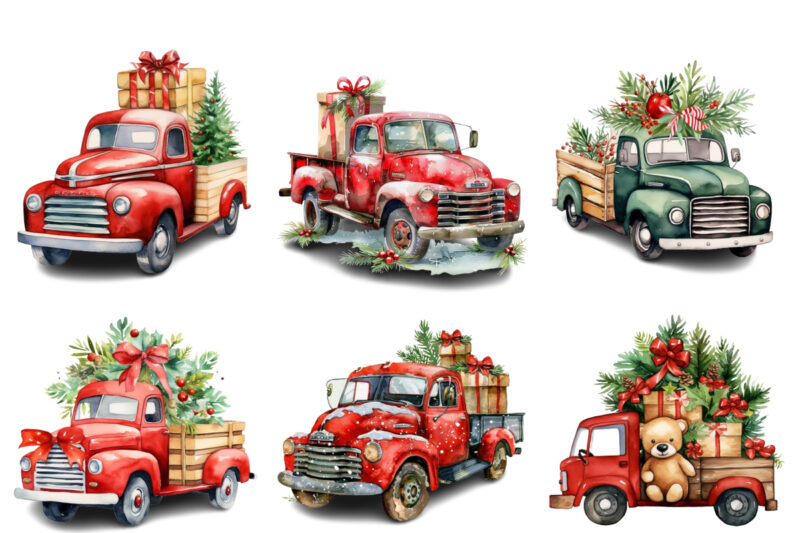 Watercolor Christmas truck with gift box Clipart