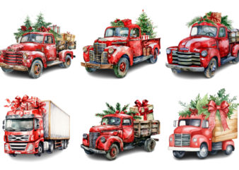 Watercolor Christmas truck with gift box Clipart