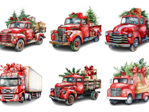 Watercolor christmas truck with gift box clipart t shirt design for sale