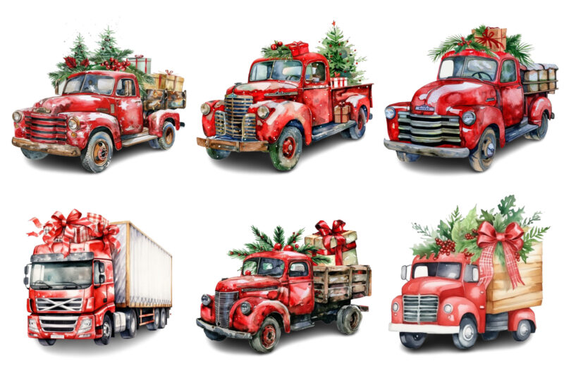 Watercolor Christmas truck with gift box Clipart