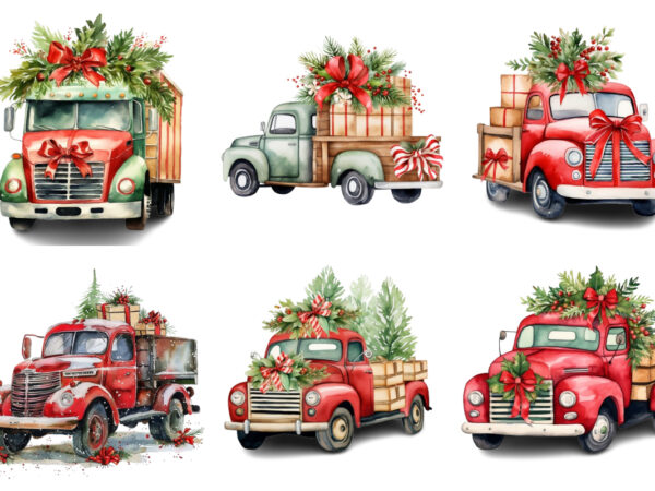 Watercolor christmas truck with gift box clipart t shirt design for sale