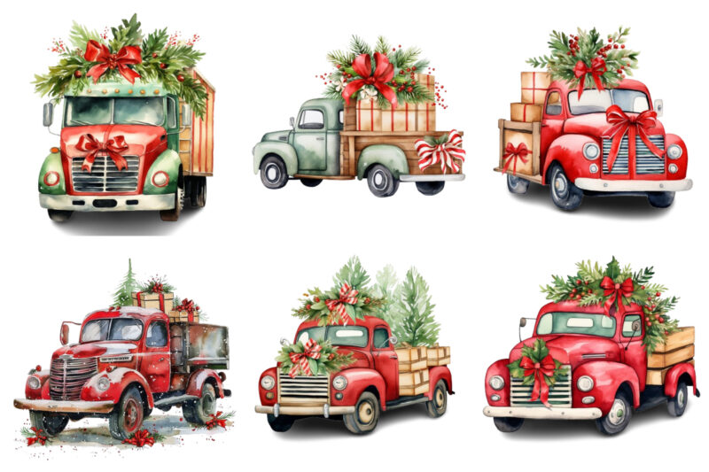 Watercolor Christmas truck with gift box Clipart