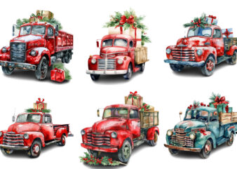 Watercolor Christmas truck with gift box Clipart