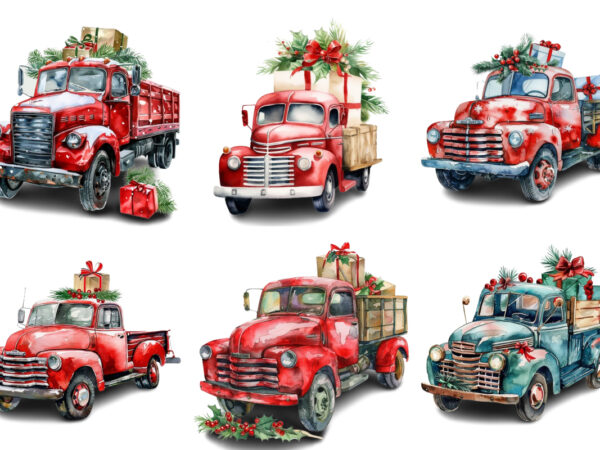 Watercolor christmas truck with gift box clipart t shirt design for sale