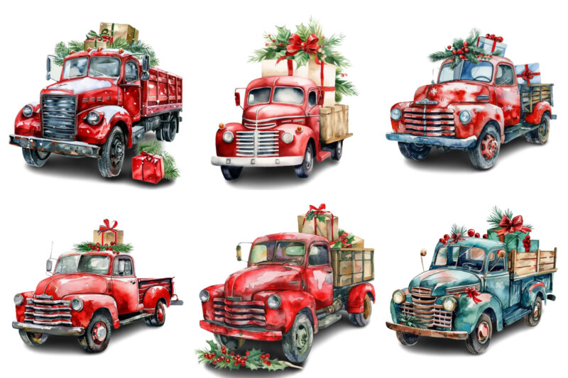 Watercolor Christmas truck with gift box Clipart