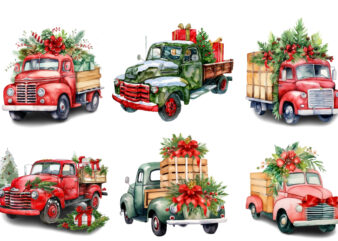 Watercolor Christmas truck with gift box Clipart