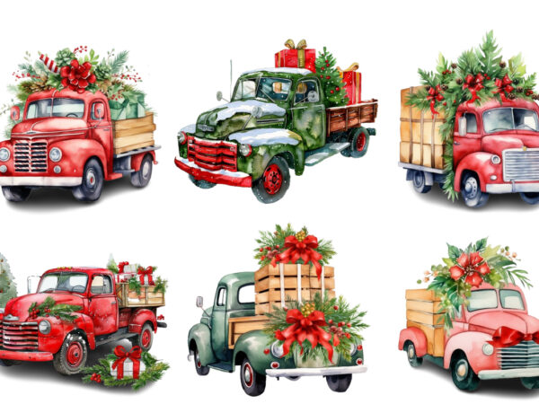 Watercolor christmas truck with gift box clipart t shirt design for sale