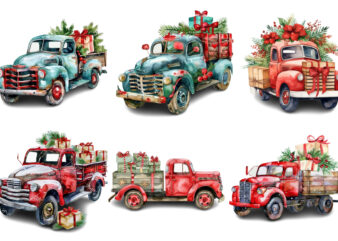 Watercolor Christmas truck with gift box Clipart