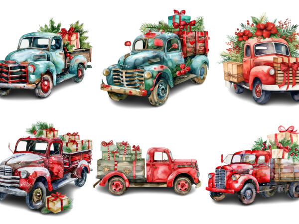 Watercolor christmas truck with gift box clipart t shirt design for sale