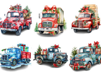 Watercolor Christmas truck with gift box Clipart t shirt design for sale