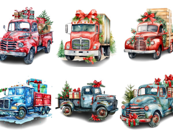 Watercolor christmas truck with gift box clipart t shirt design for sale