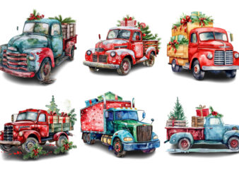 Watercolor Christmas truck with gift box Clipart