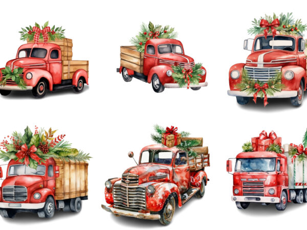 Watercolor christmas truck with gift box clipart t shirt design for sale