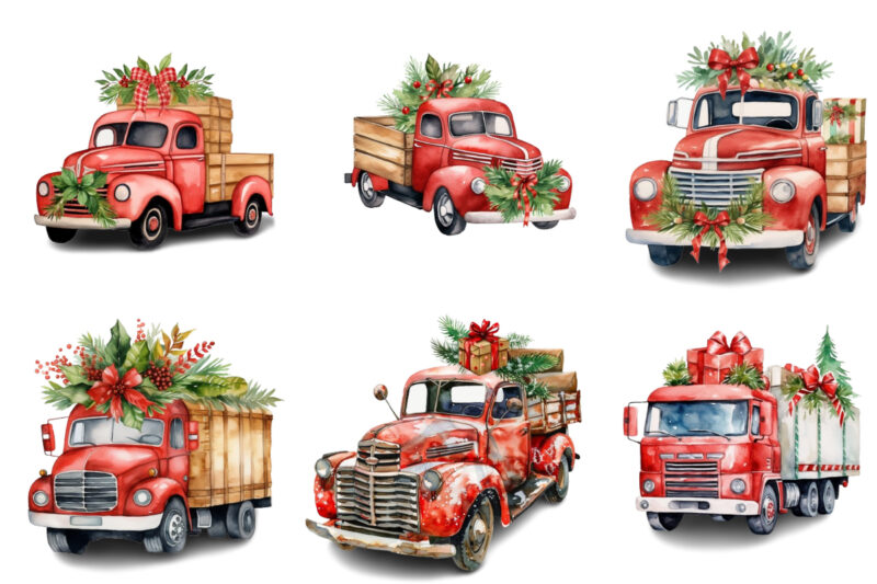 Watercolor Christmas truck with gift box Clipart