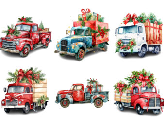 Watercolor Christmas truck with gift box Clipart t shirt design for sale