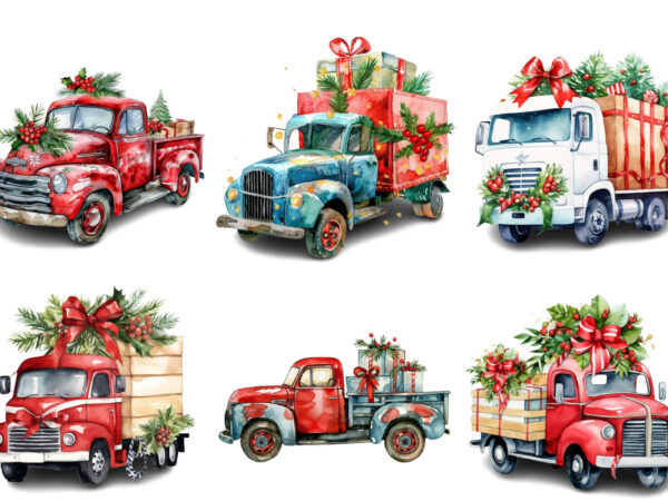 Watercolor christmas truck with gift box clipart t shirt design for sale