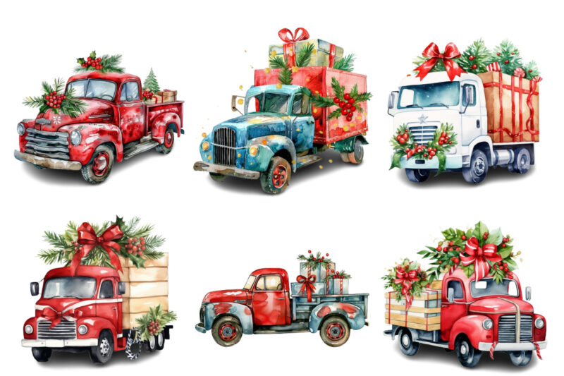 Watercolor Christmas truck with gift box Clipart