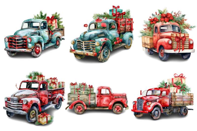 Watercolor Christmas truck with gift box Clipart