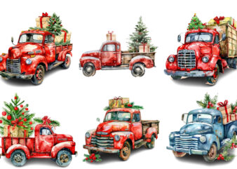 Watercolor Christmas truck with gift box Clipart t shirt design for sale