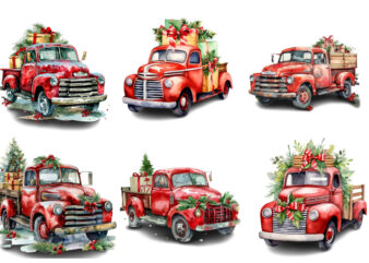 Watercolor Christmas truck with gift box Clipart t shirt design for sale