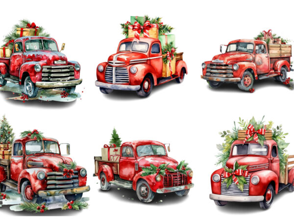 Watercolor christmas truck with gift box clipart t shirt design for sale