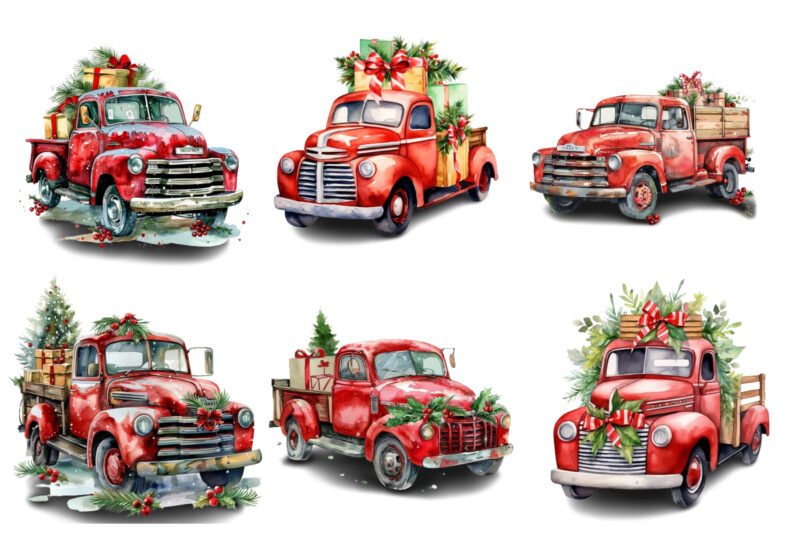 Watercolor Christmas truck with gift box Clipart