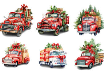 Watercolor Christmas truck with gift box Clipart t shirt design for sale