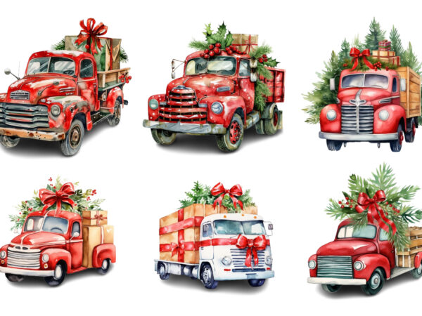 Watercolor christmas truck with gift box clipart t shirt design for sale