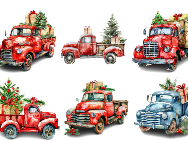 Watercolor christmas truck with gift box clipart t shirt design for sale