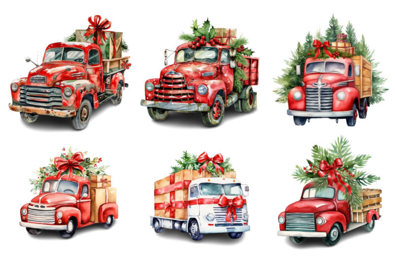 Watercolor Christmas truck with gift box Clipart