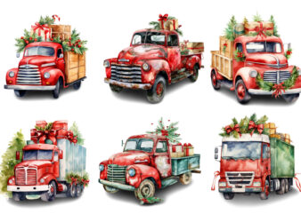 Watercolor Christmas truck with gift box Clipart