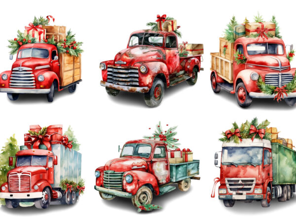 Watercolor christmas truck with gift box clipart t shirt design for sale