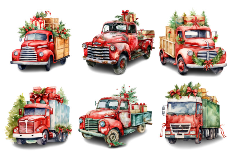 Watercolor Christmas truck with gift box Clipart