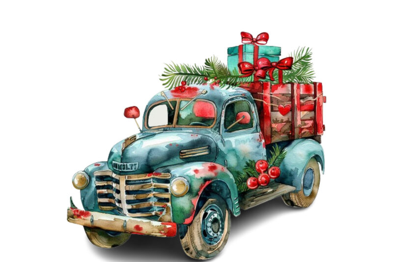 Watercolor Christmas truck with gift box Clipart