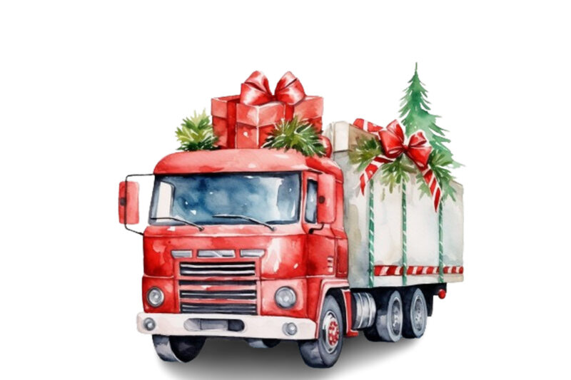 Watercolor Christmas truck with gift box Clipart