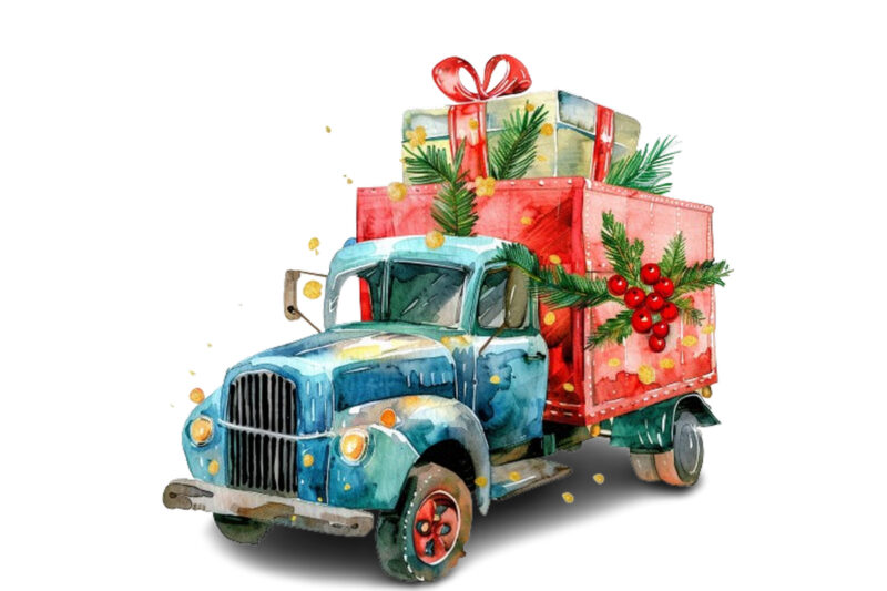 Watercolor Christmas truck with gift box Clipart