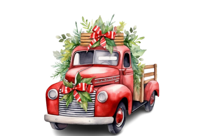 Watercolor Christmas truck with gift box Clipart