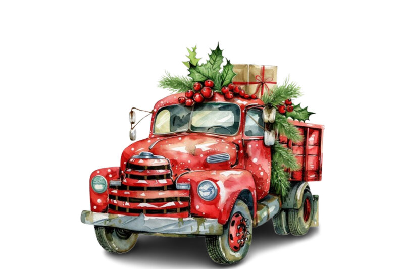 Watercolor Christmas truck with gift box Clipart