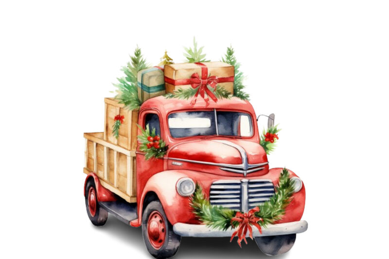 Watercolor Christmas truck with gift box Clipart